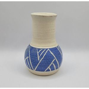 Studio Pottery Blue & White Geometric Pattern Signed 5" Small Ceramic Vase
